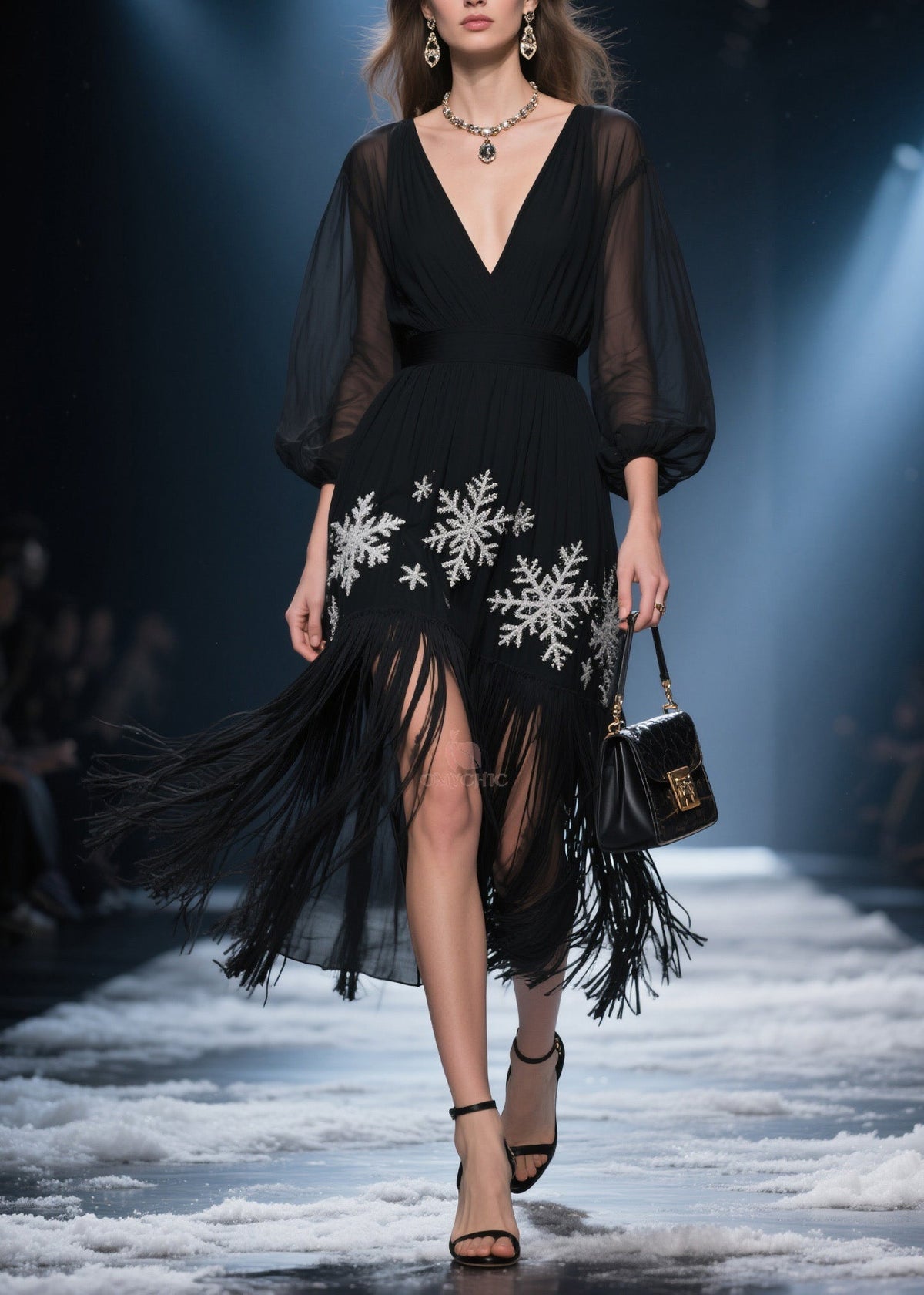 Deep V-Neck Sheer Puff Sleeve Snowflake Embroidery Midi Dress