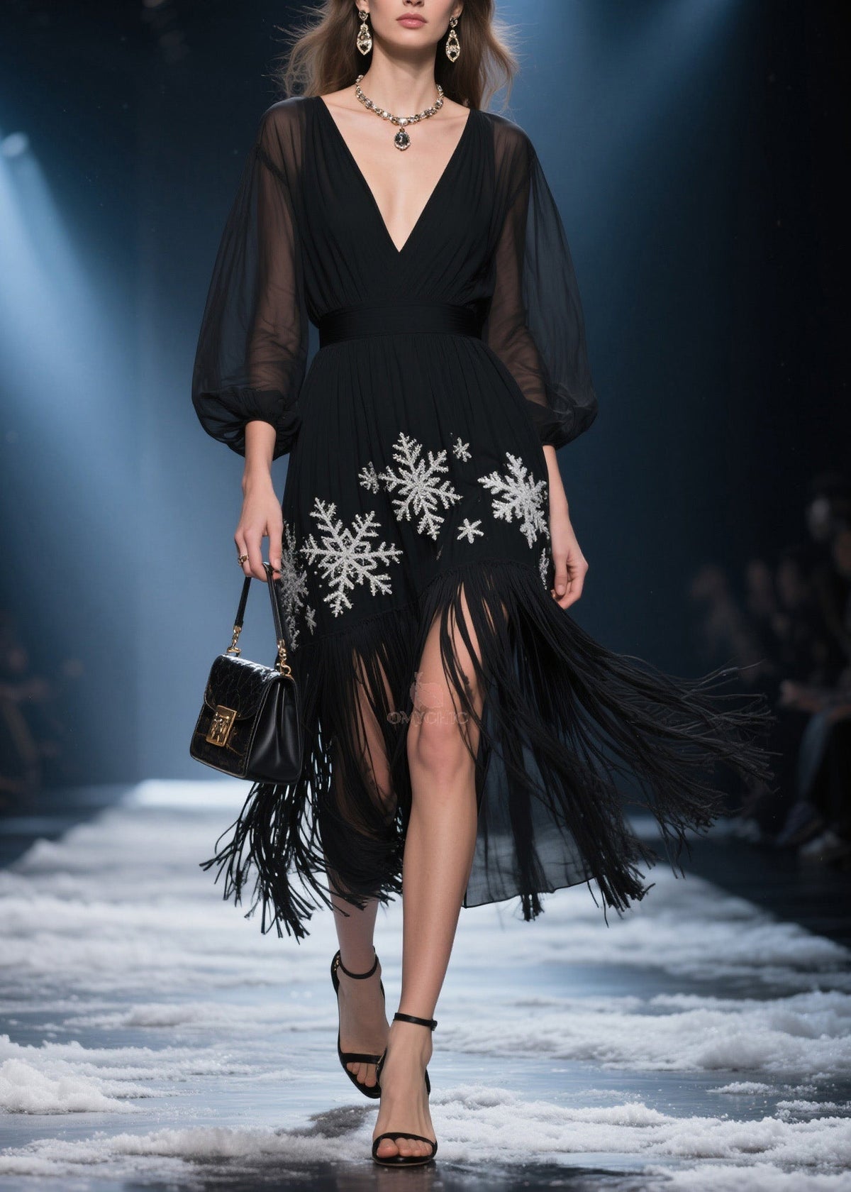 Deep V-Neck Sheer Puff Sleeve Snowflake Embroidery Midi Dress - View 3