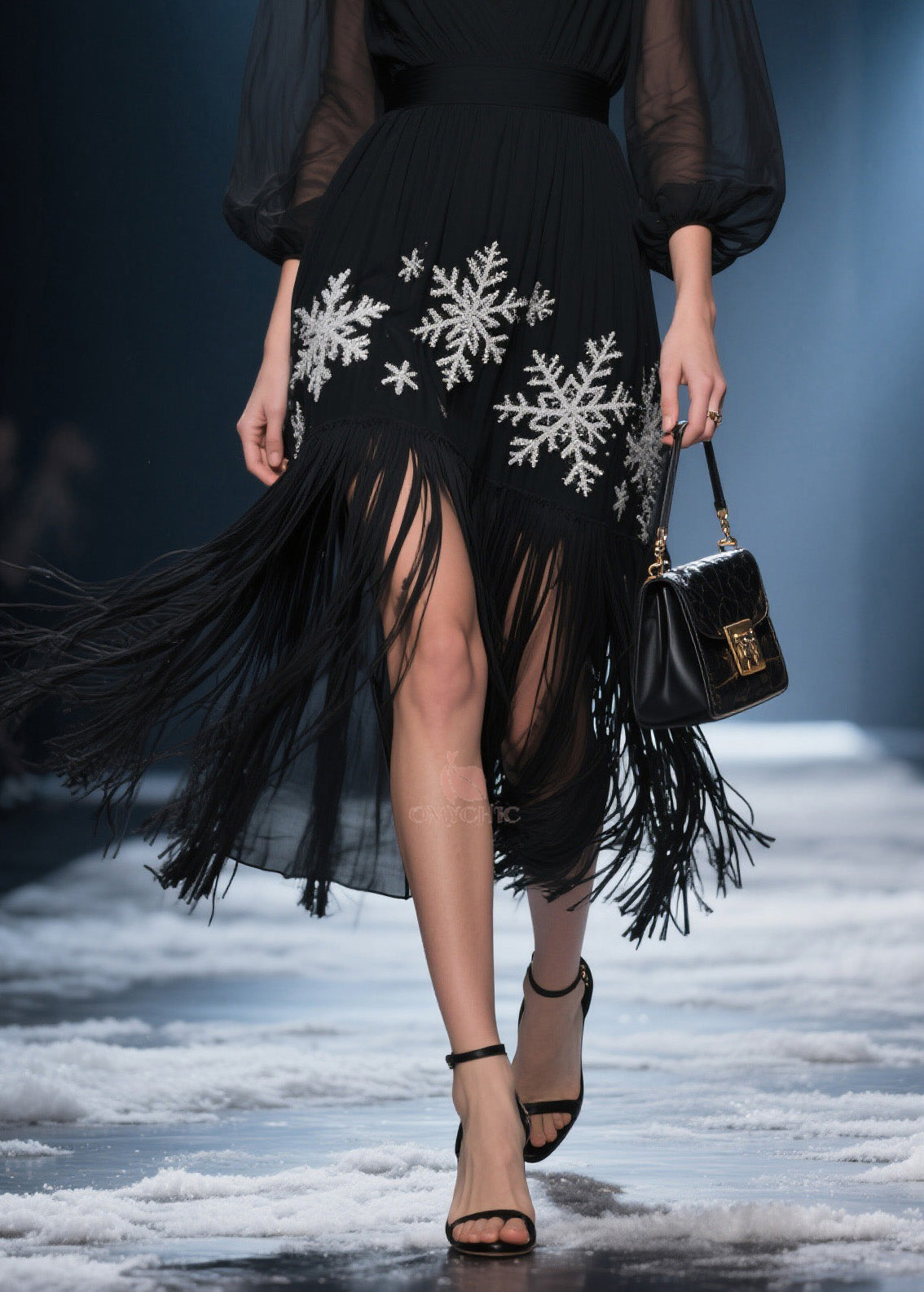 Deep V-Neck Sheer Puff Sleeve Snowflake Embroidery Midi Dress - View 4