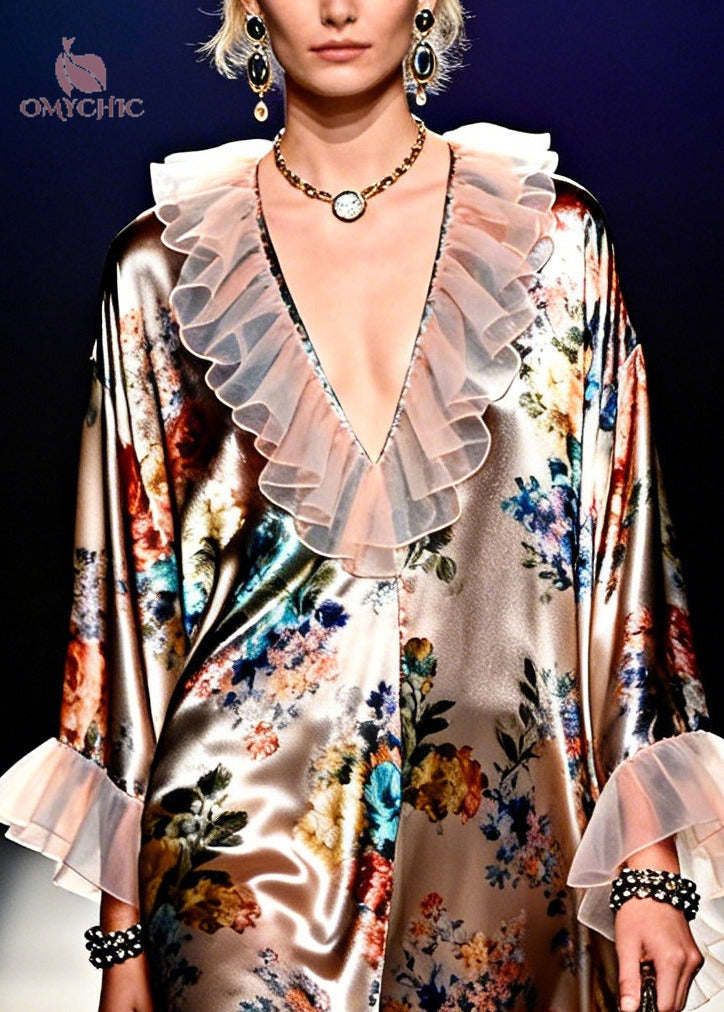 Floral Print Satin Ruffle Collar Cuff Long Sleeve Maxi Dress - View 2