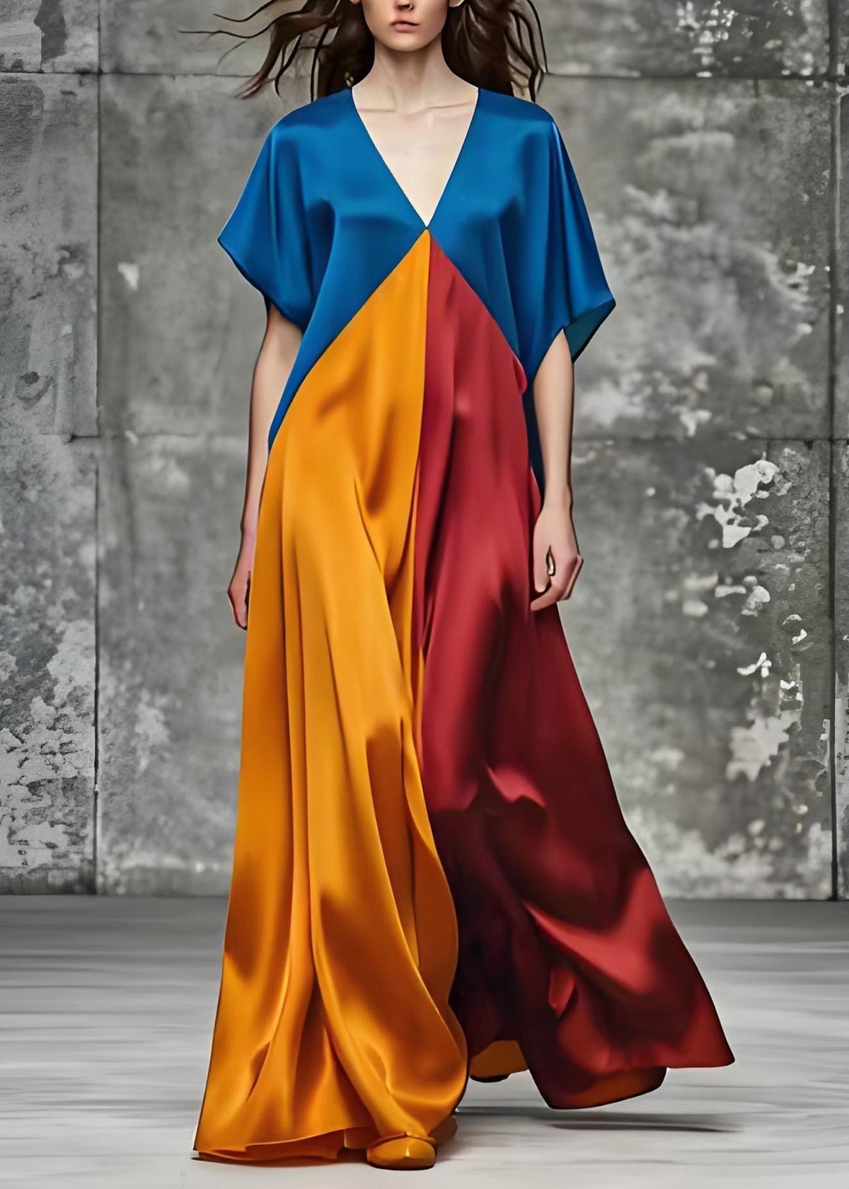 Satin Deep V-Neck Short Sleeve Color Block Kaftan Maxi Dress