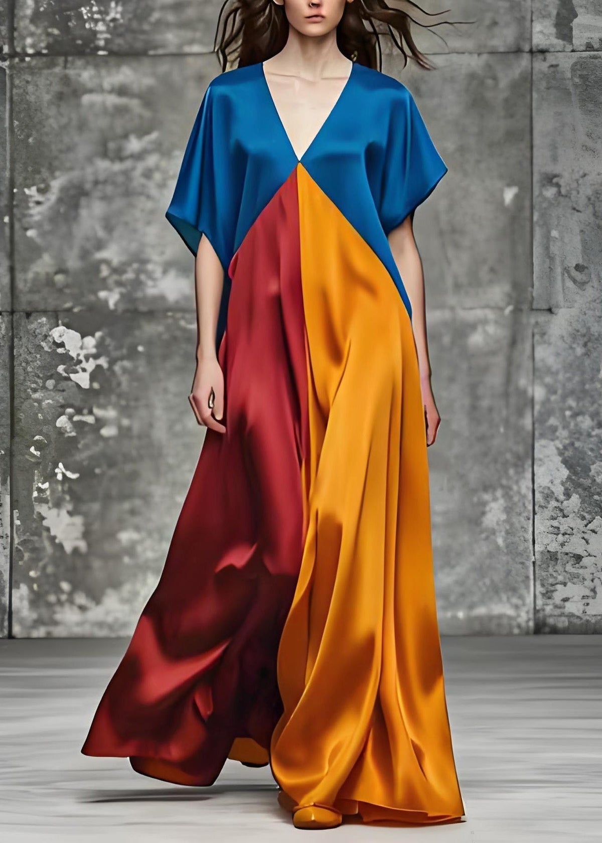Satin Deep V-Neck Short Sleeve Color Block Kaftan Maxi Dress - View 2