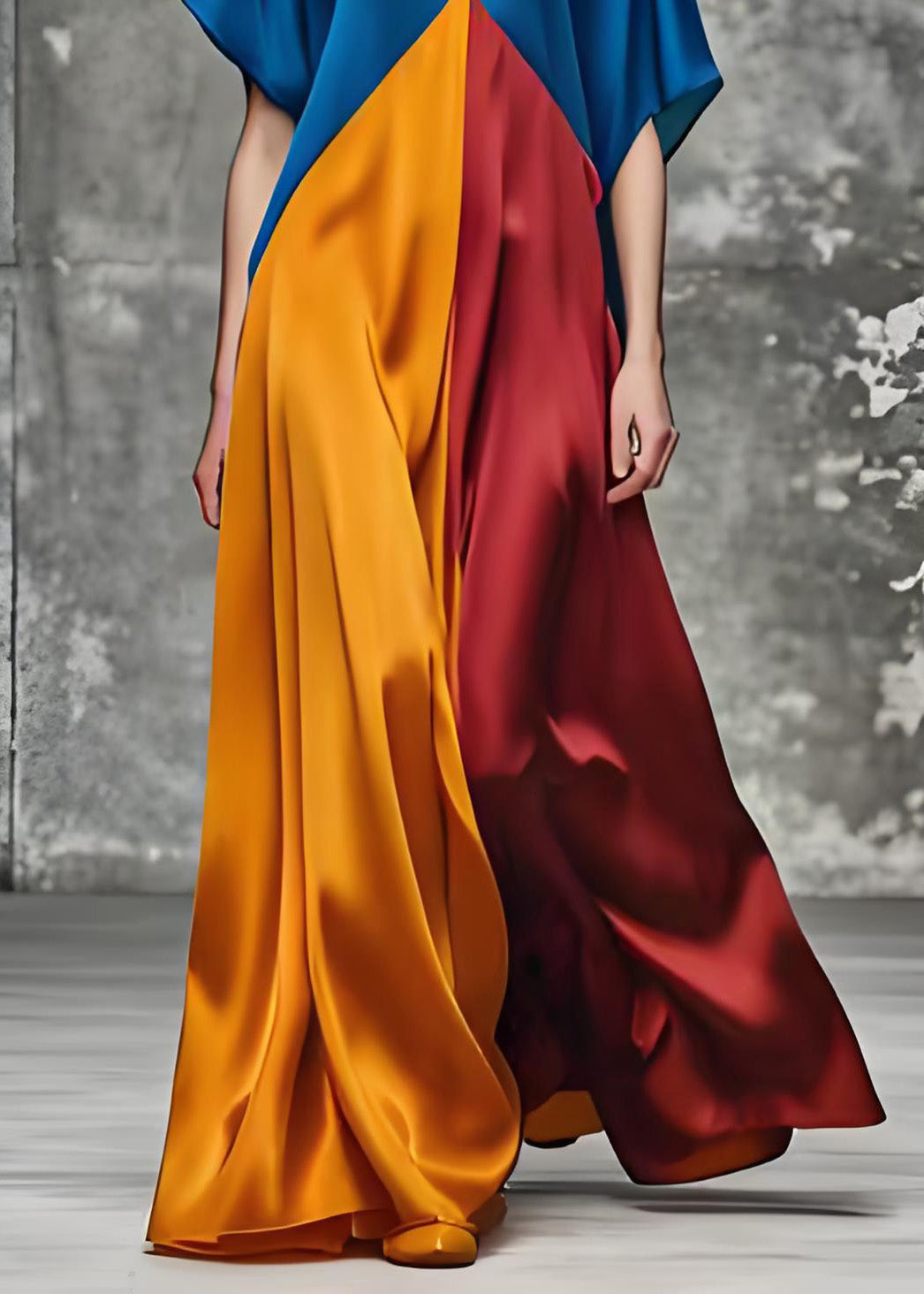 Satin Deep V-Neck Short Sleeve Color Block Kaftan Maxi Dress - View 5