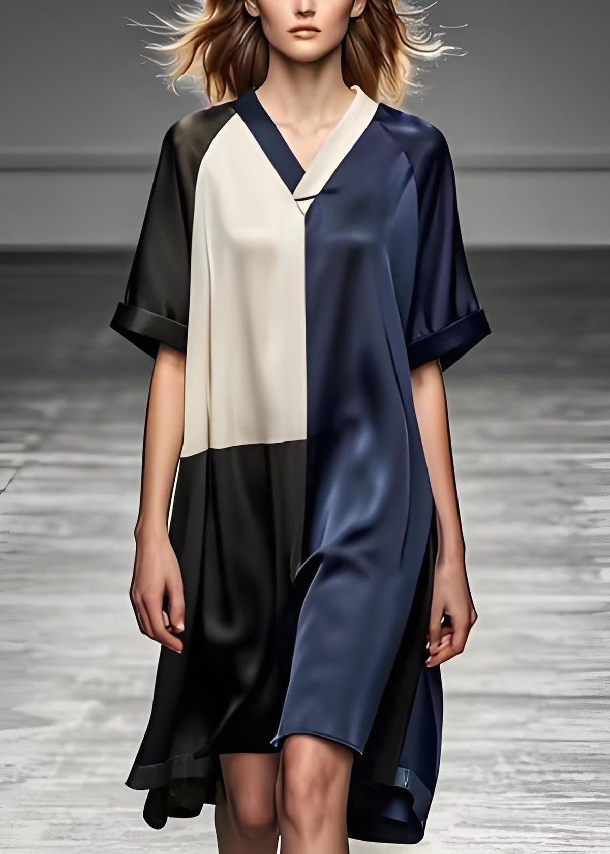 Satin V-Neck Contrast Collar Colorblock Loose Shift Midi Dress - View 2