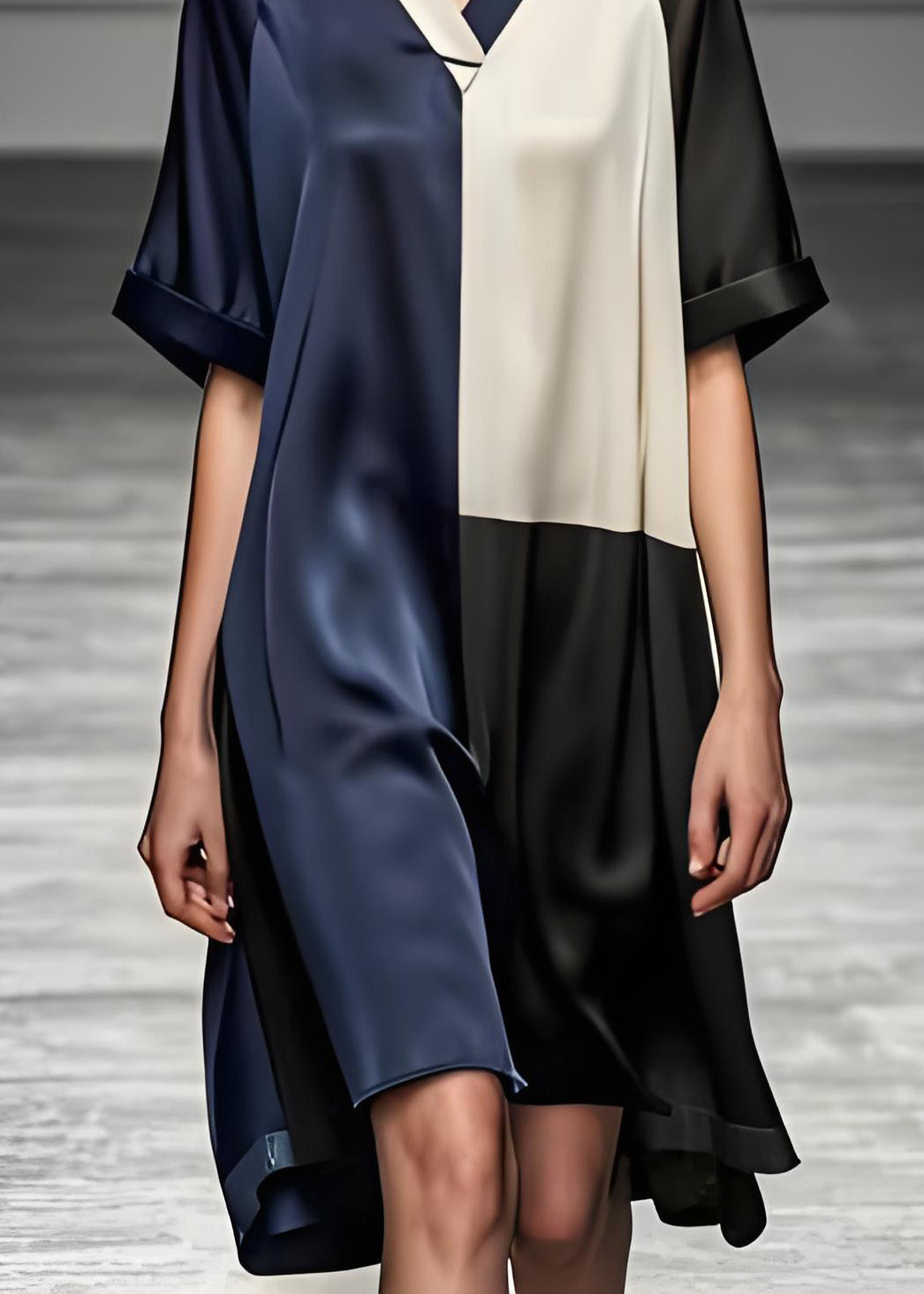 Satin V-Neck Contrast Collar Colorblock Loose Shift Midi Dress - View 5