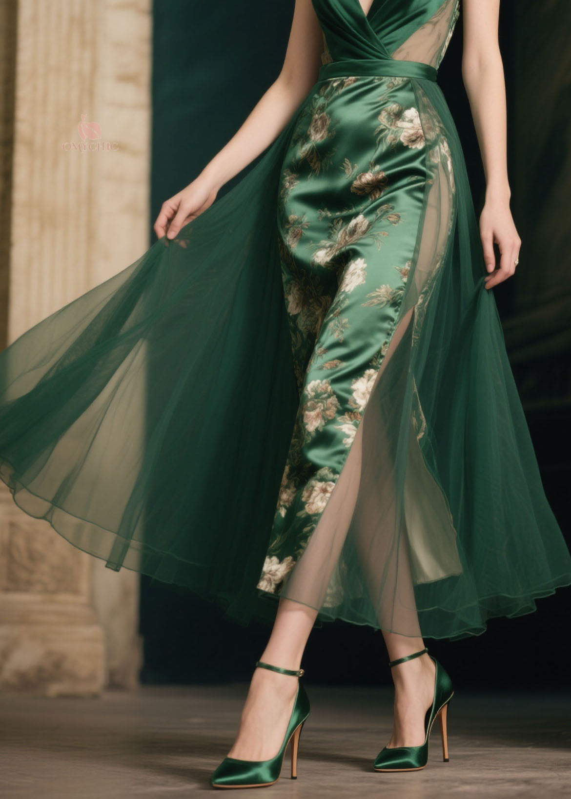 Satin Floral Spaghetti Strap Deep V-Neck Tulle Overlay Midi Dress - View 4