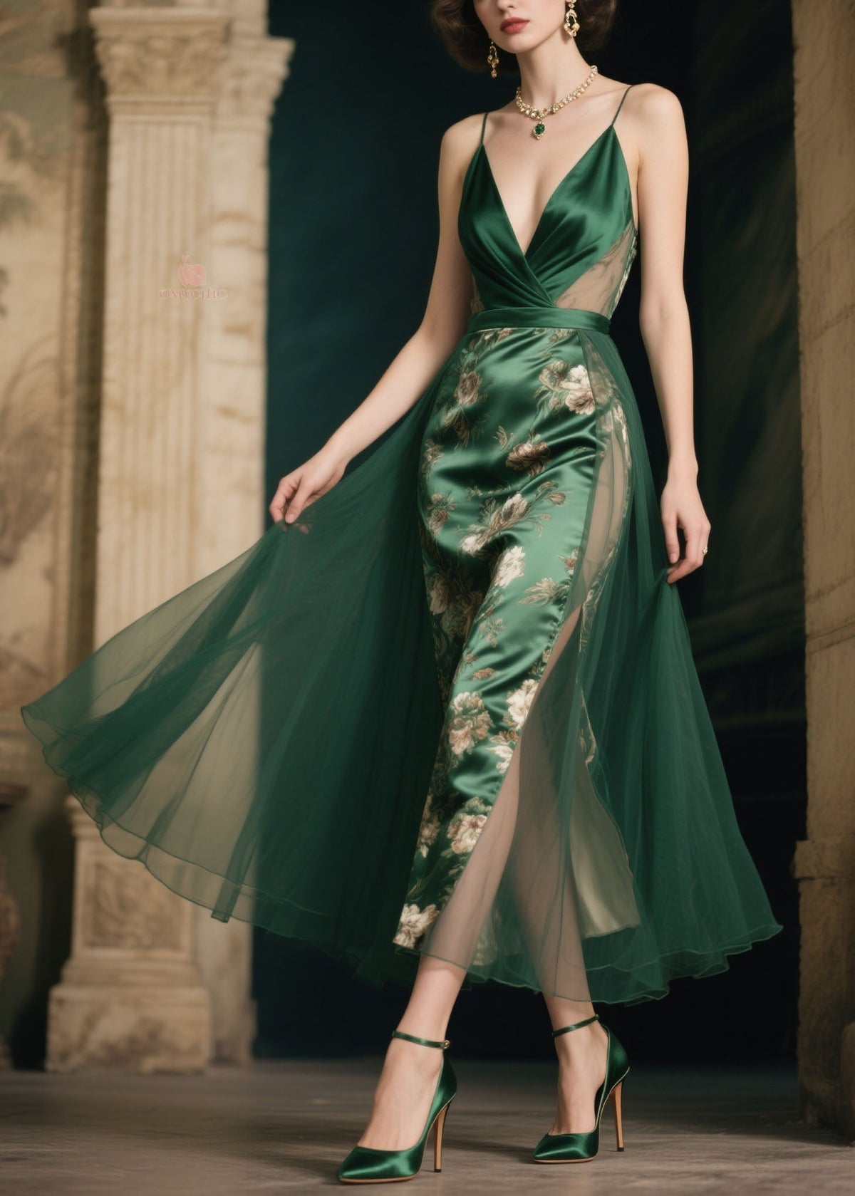 Satin Floral Spaghetti Strap Deep V-Neck Tulle Overlay Midi Dress - View 5