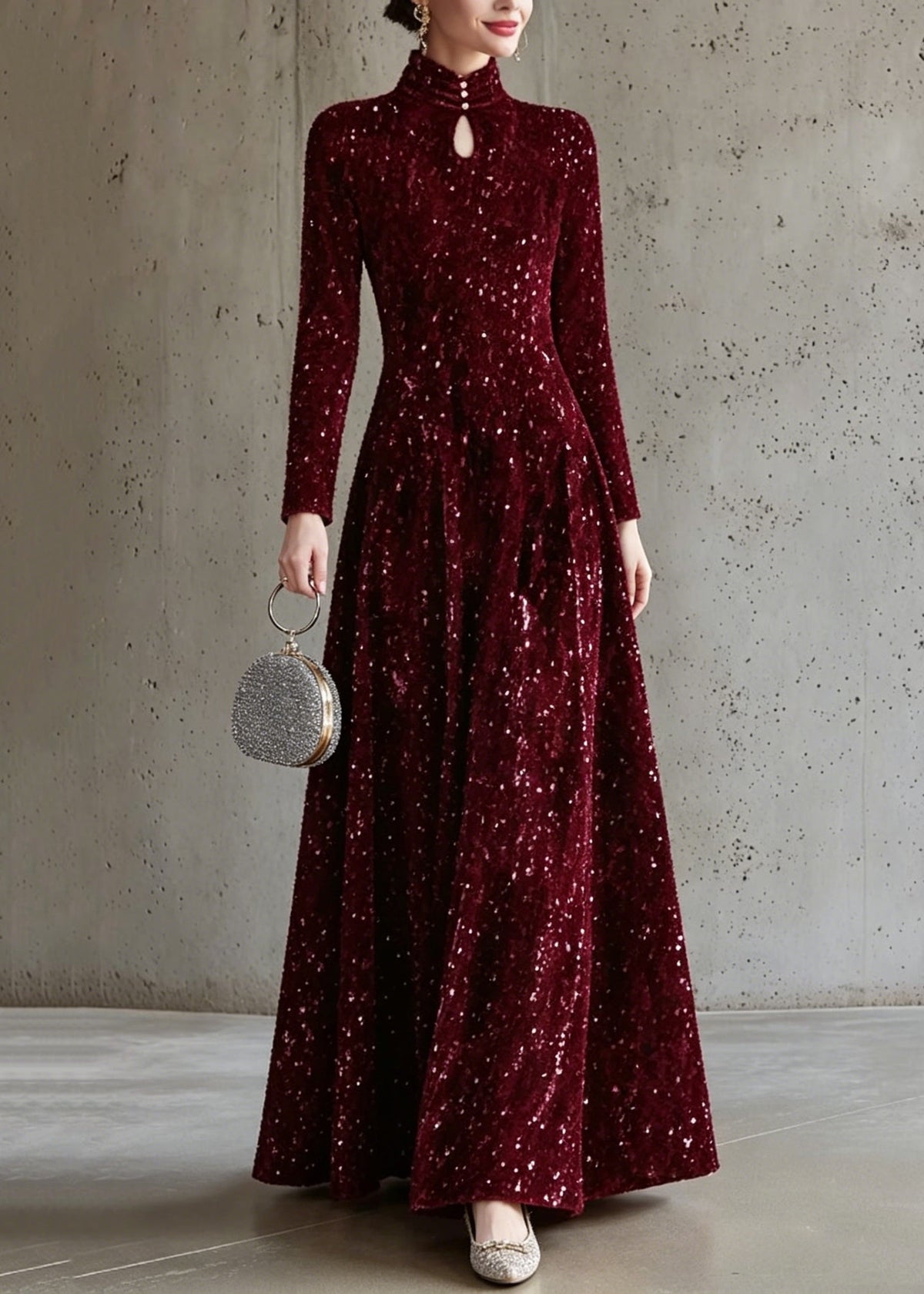 Sequin Velvet High Neck Long Sleeve A-Line Maxi Dress - View 5