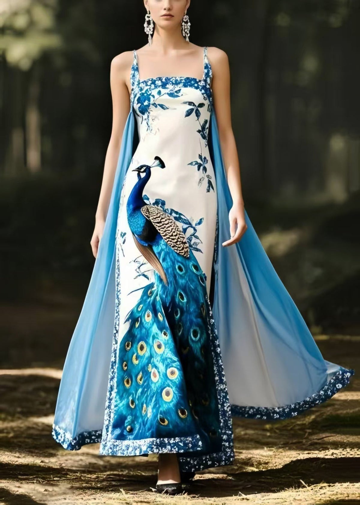 Peacock Print Spaghetti Strap Square Neck Cape Train Maxi Gown - View 3