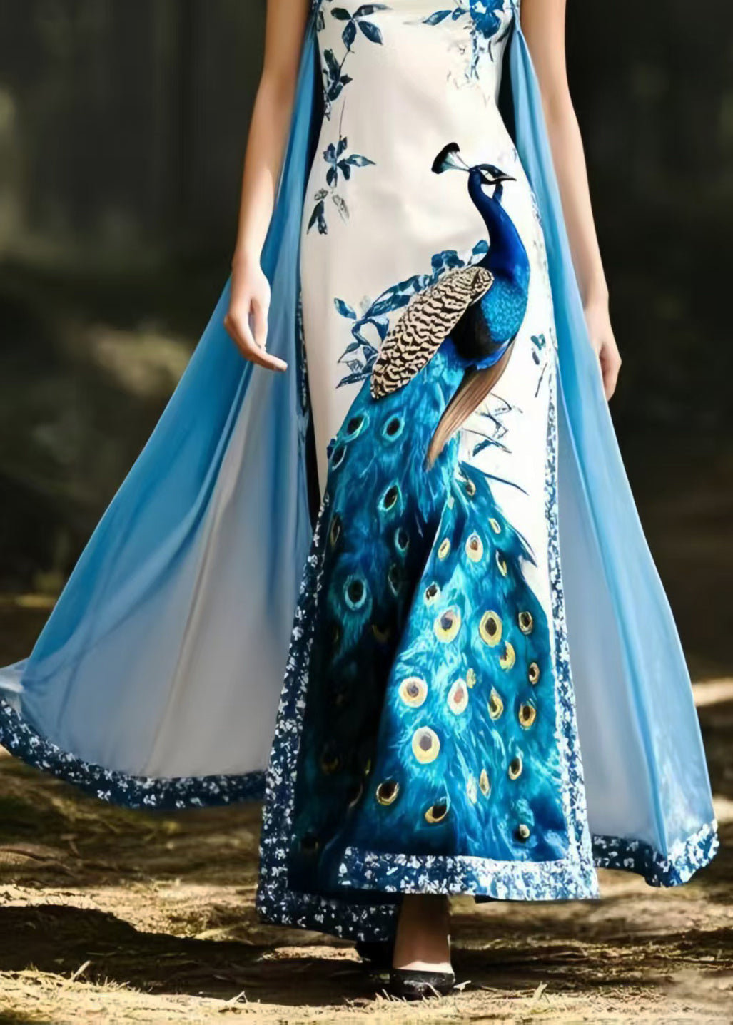 Peacock Print Spaghetti Strap Square Neck Cape Train Maxi Gown - View 4