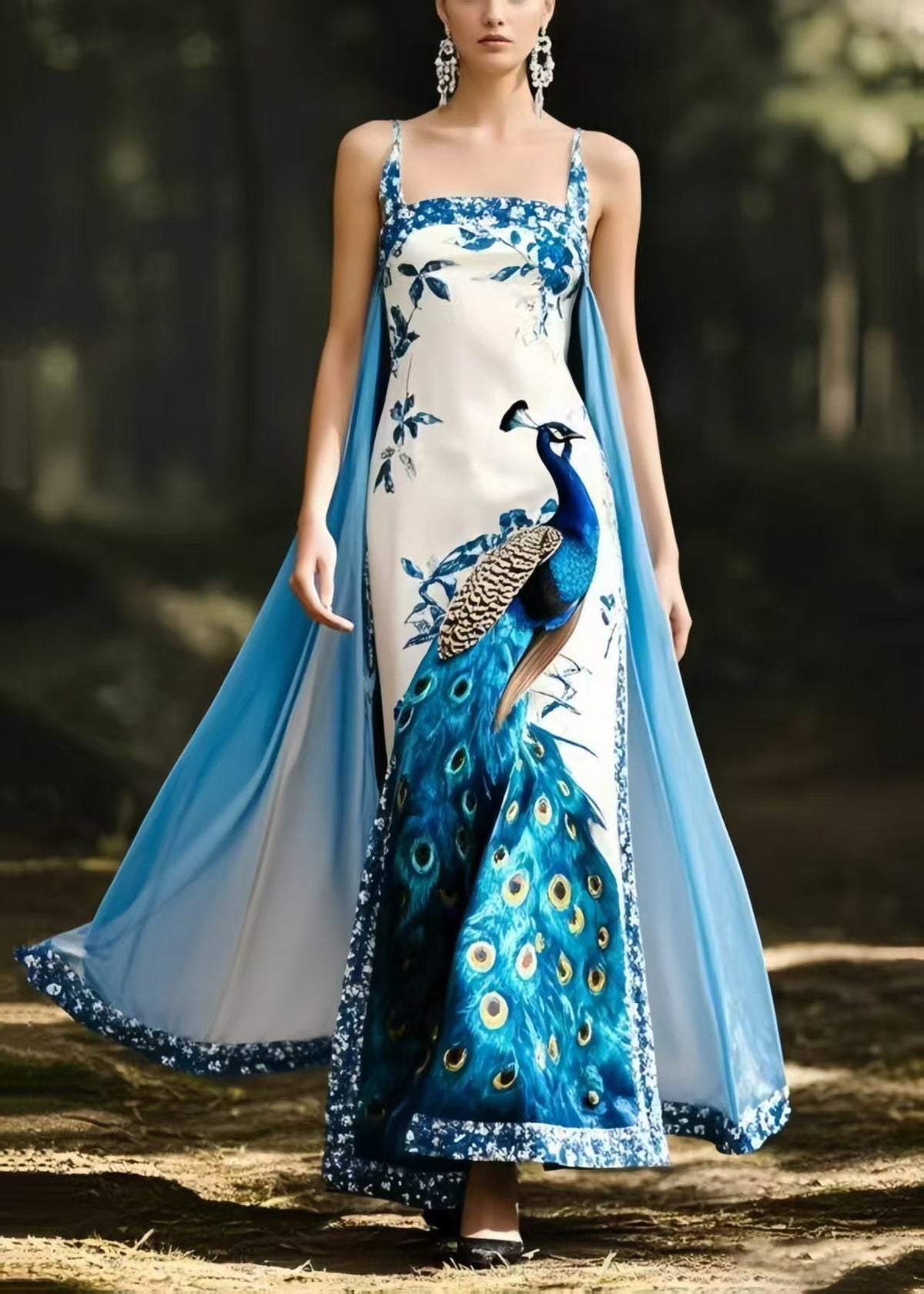 Peacock Print Spaghetti Strap Square Neck Cape Train Maxi Gown - View 5