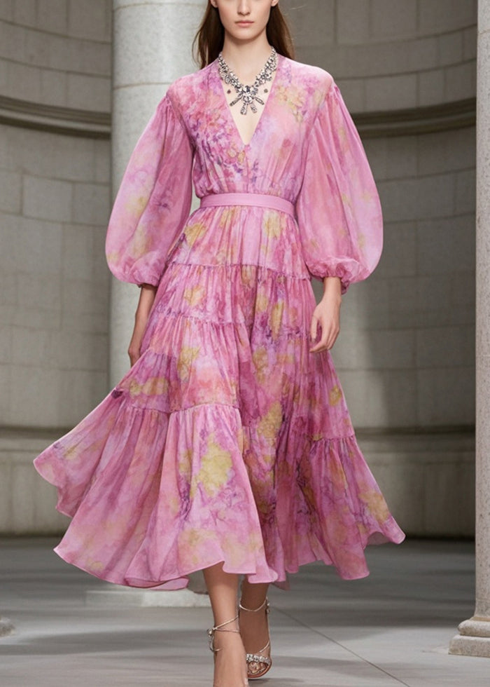 Abstract Print Tiered Deep V-Neck Bishop Sleeve Chiffon Midi Dress