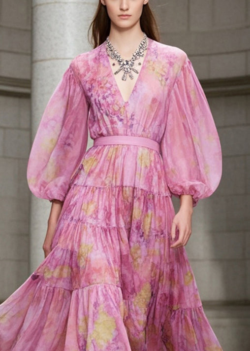 Abstract Print Tiered Deep V-Neck Bishop Sleeve Chiffon Midi Dress - View 2