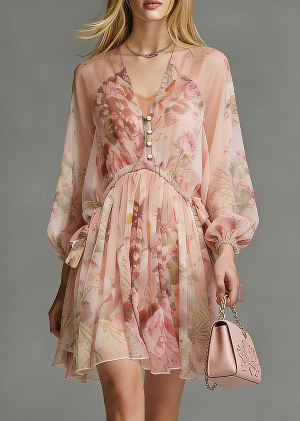 Floral Print V-Neck Button Front Tie Waist Long Sleeve Mini Dress