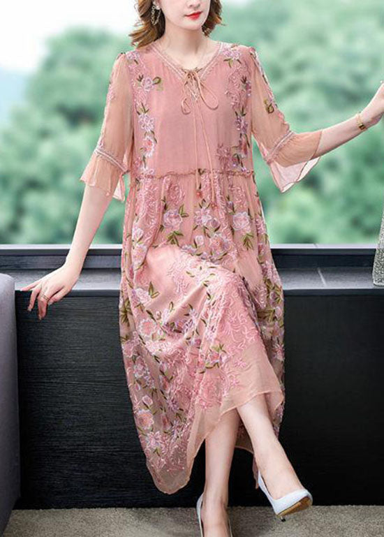 Lace Up V-Neck Flutter Sleeve Floral Embroidered Organza Midi Dress - View 2