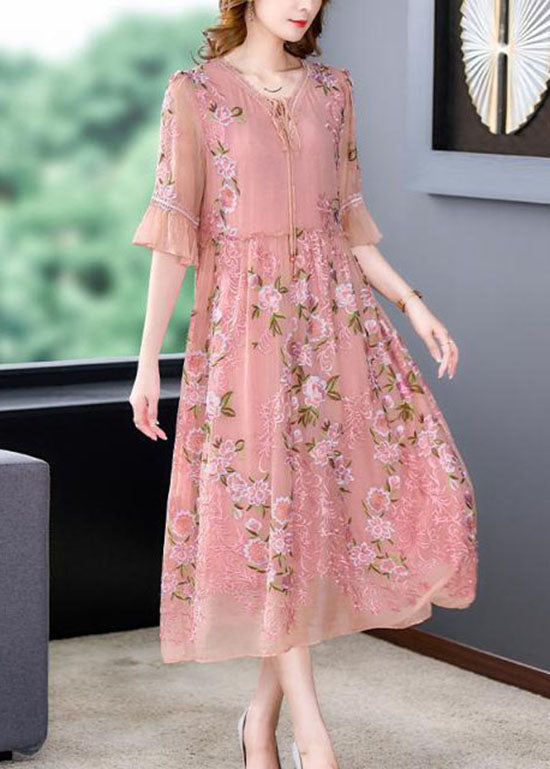 Lace Up V-Neck Flutter Sleeve Floral Embroidered Organza Midi Dress - View 3