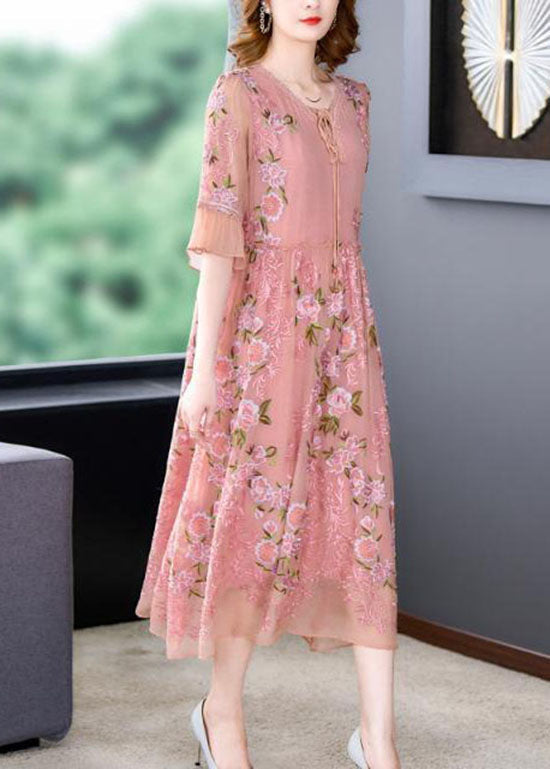 Lace Up V-Neck Flutter Sleeve Floral Embroidered Organza Midi Dress - View 4