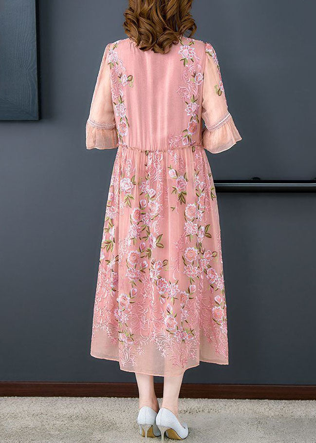 Lace Up V-Neck Flutter Sleeve Floral Embroidered Organza Midi Dress - View 5
