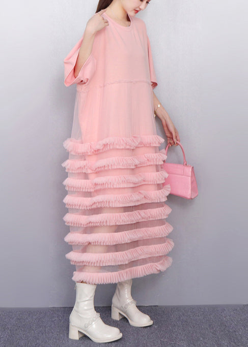 Italian Pink Layered Ruffled Patchwork Tulle Cake Dress Summer - View 4