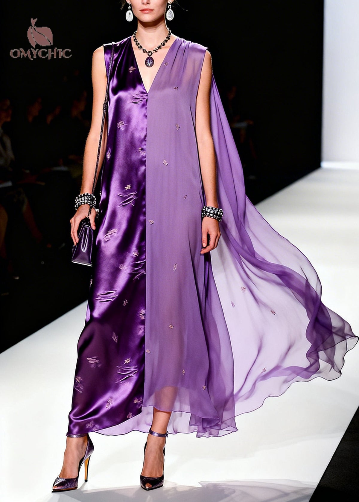 Satin Chiffon Distressed Slit Split Panel Deep V-Neck Maxi Gown