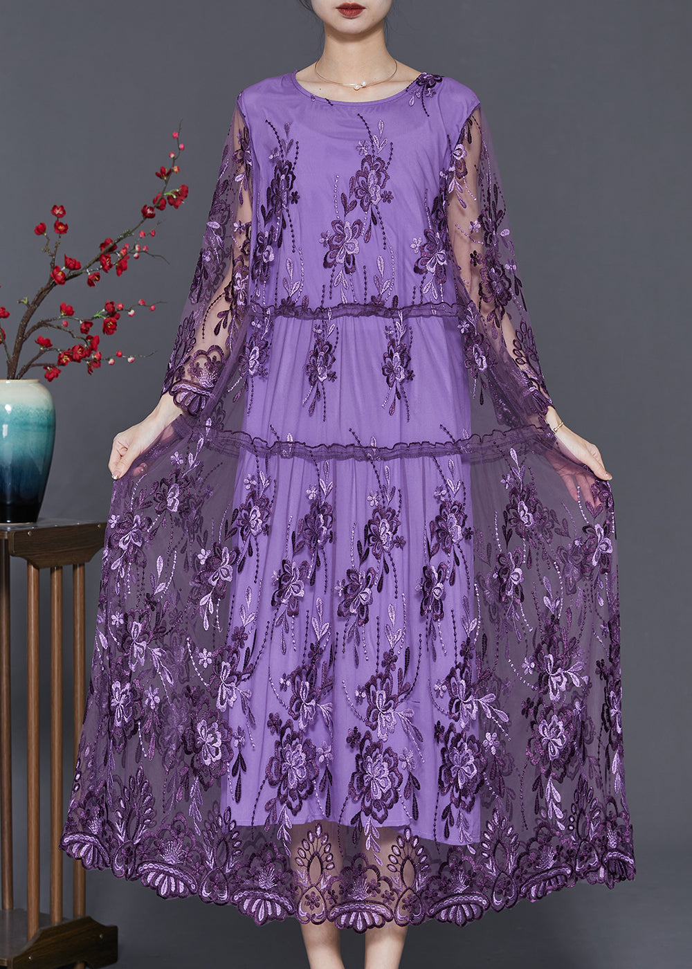Tulle Floral Embroidery Long Sleeve Tiered Scalloped Midi Dress - View 3