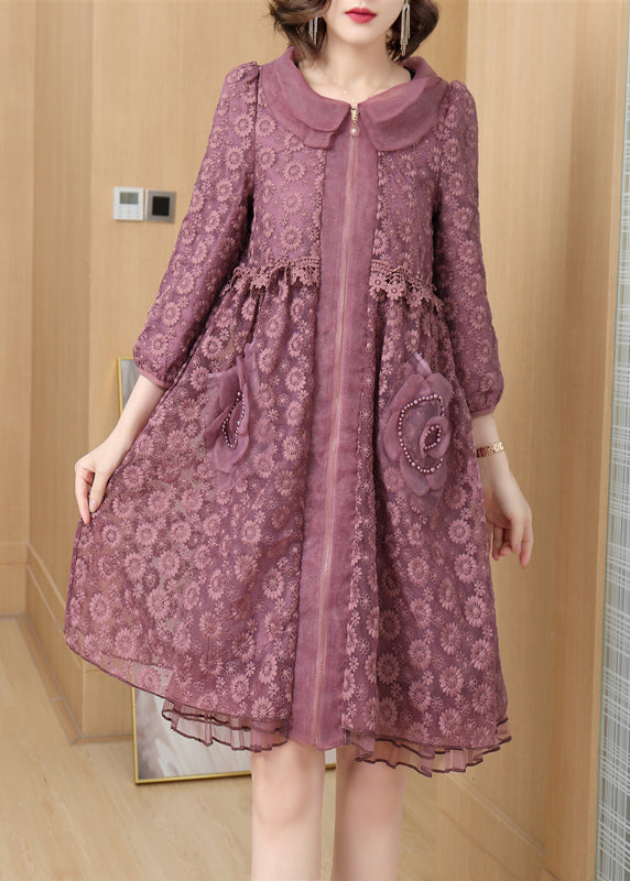 Lace Peter Pan Collar Zip Front Pearl Applique Mesh Hem Midi Dress
