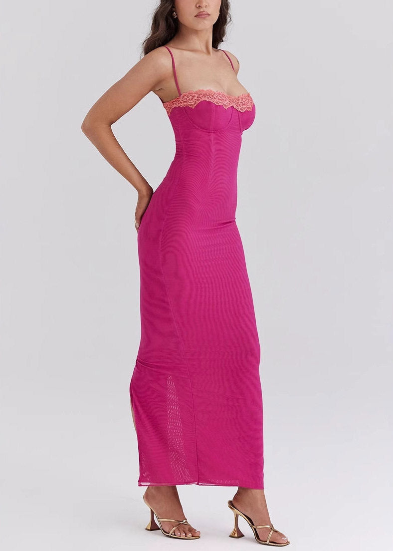 Italian Rose Side Open Solid Tulle Maxi Spaghetti Strap Dresses Sleeveless