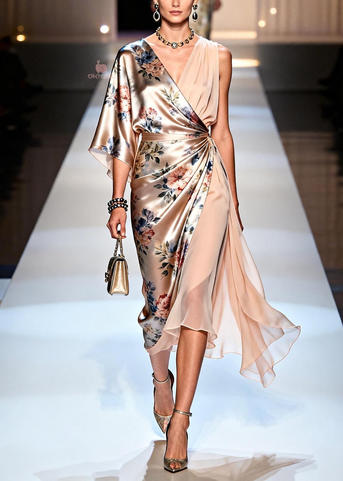 Satin Floral Print One Shoulder Asymmetric Wrap Midi Dress