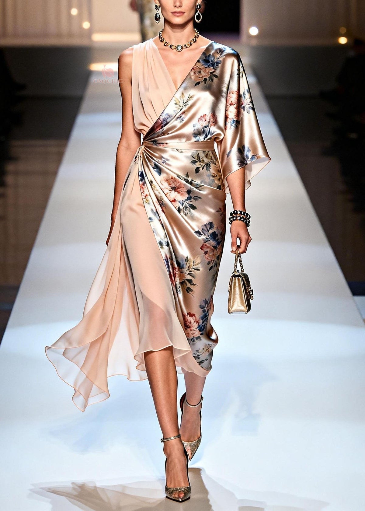 Satin Floral Print One Shoulder Asymmetric Wrap Midi Dress - View 3