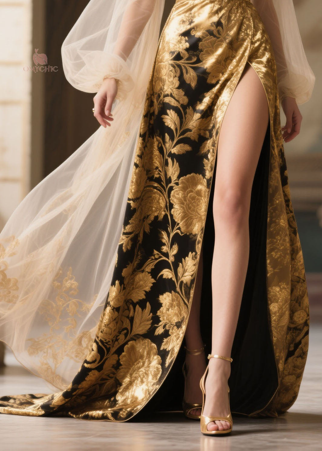 Metallic Floral Brocade Plunging V-Neck Sheer Lantern Sleeve Gown - View 4