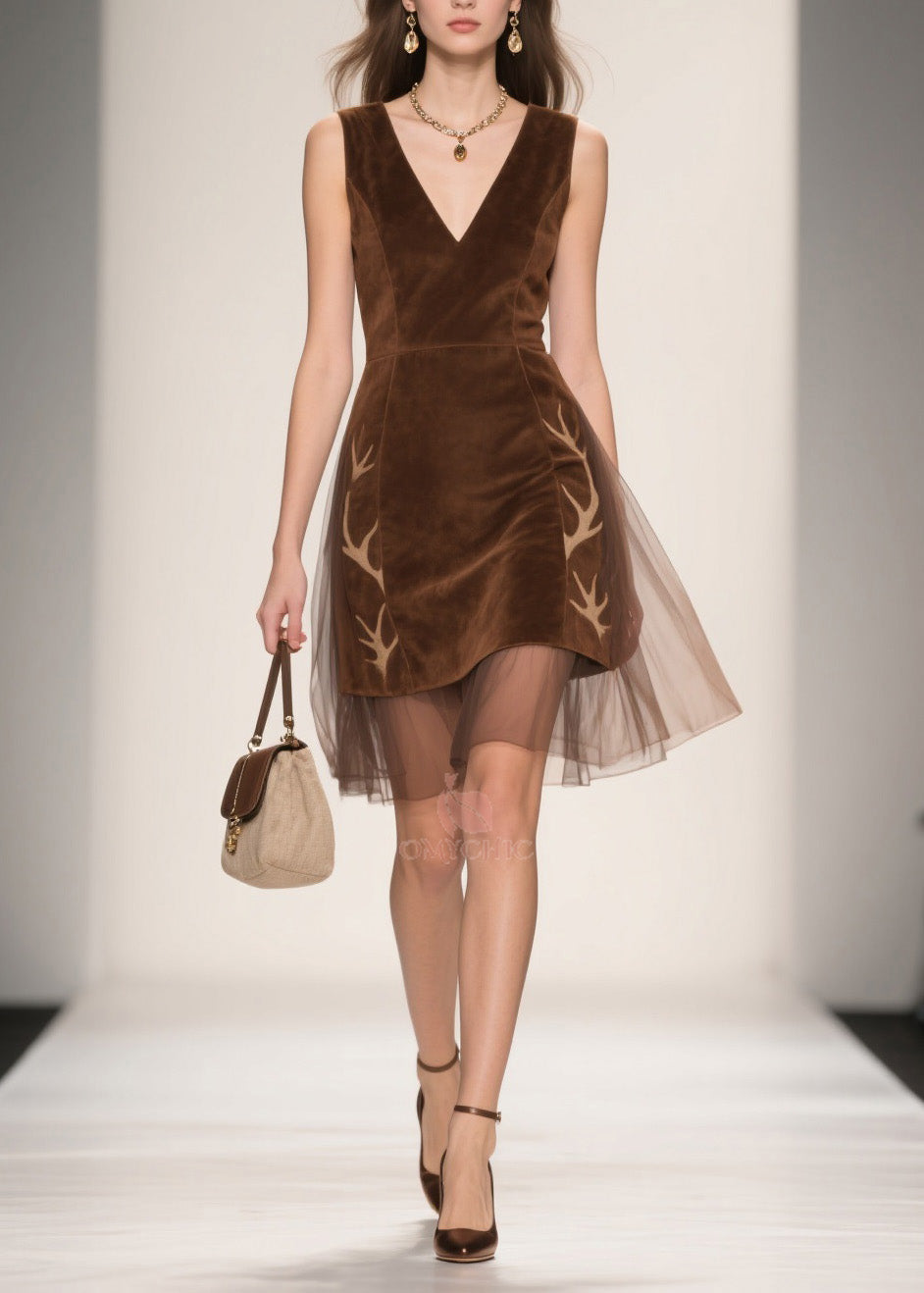 V-Neck Sleeveless Velvet Antler Applique Tulle Layered Hem Mini Dress