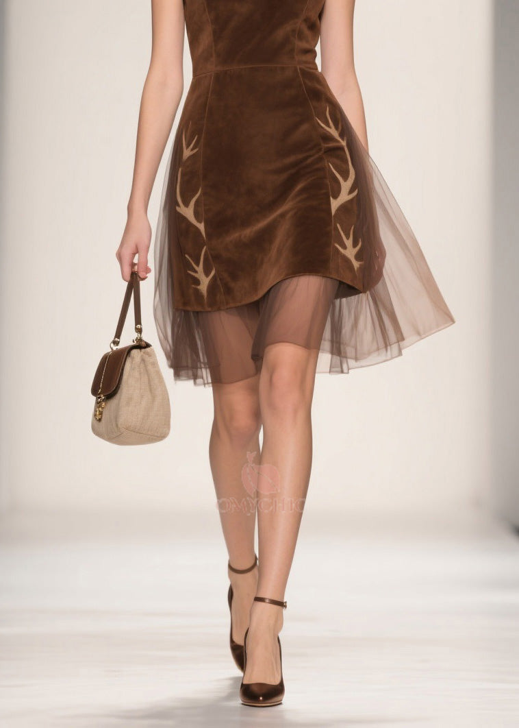 V-Neck Sleeveless Velvet Antler Applique Tulle Layered Hem Mini Dress - View 4