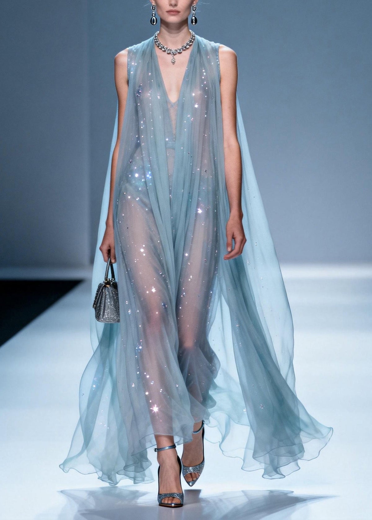 Rhinestone Scatter Deep V-Neck Sleeveless Sheer A-Line Maxi Gown - View 3