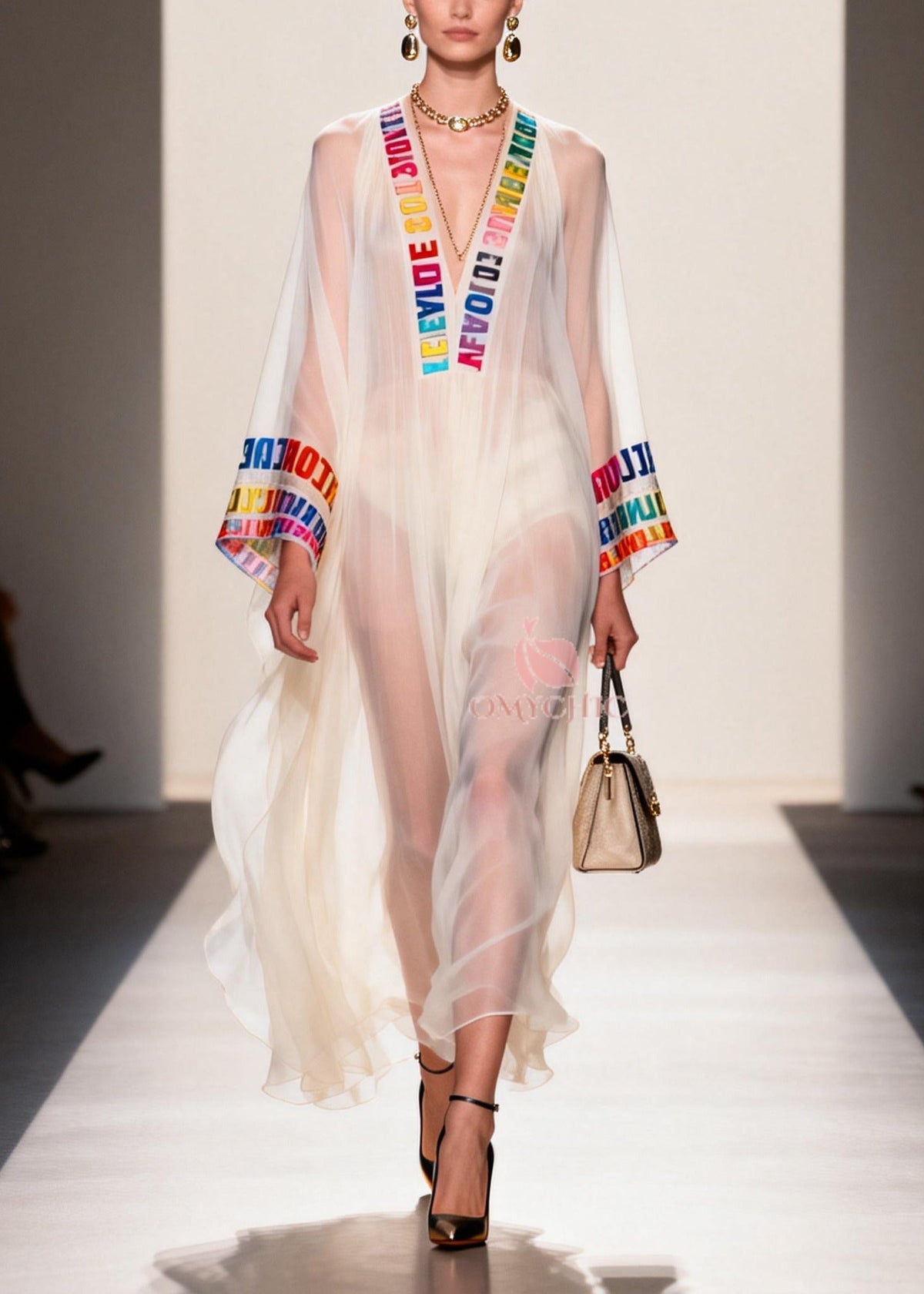 Chiffon Deep V-Neck Letter Print Embroidered Trim Maxi Gown - View 3