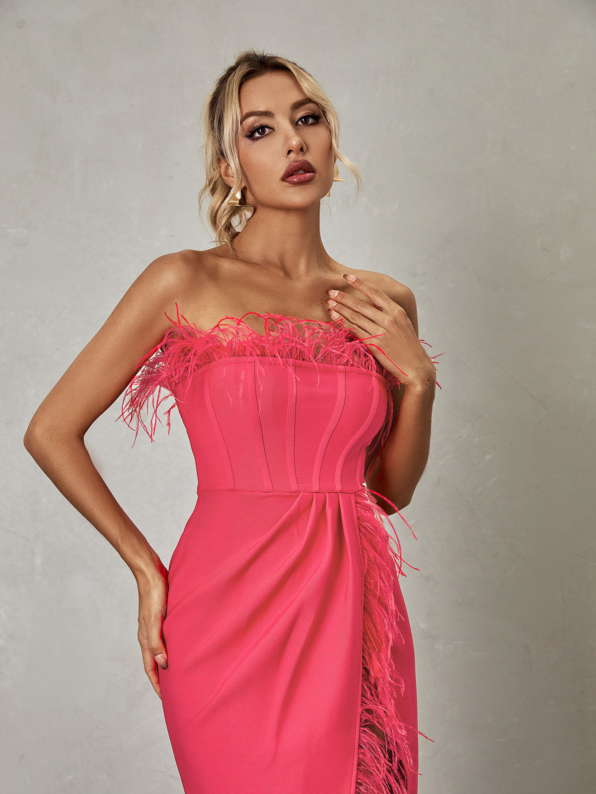 Iyra Strapless Feather Bandage Dress In Hot Pink