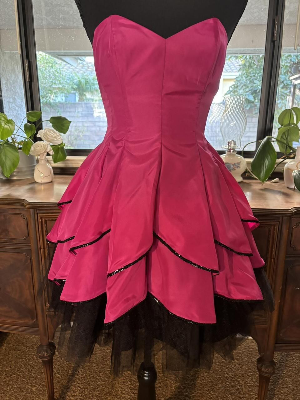 Cute Hot Pink Strapless Satin Layered A Line Short Party Dress Formal Homecoming Dress Birthday Outfits D716