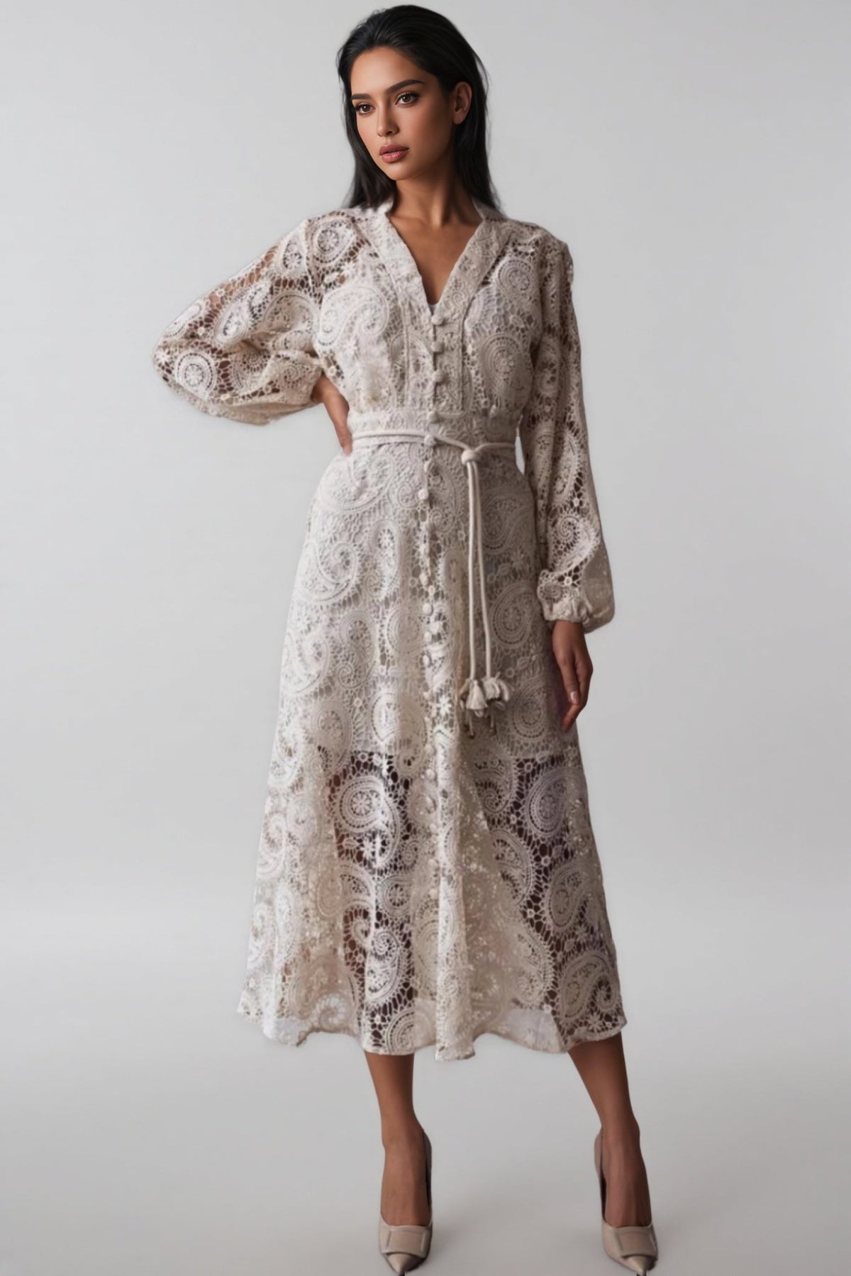Theod Lace Lantern Sleeve Midi Dress