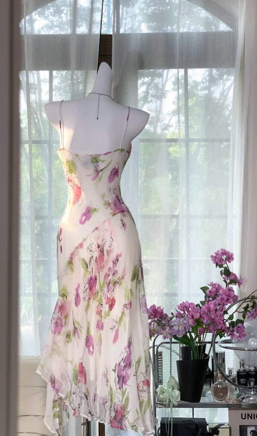 Pretty Spaghetti Straps Chiffon Print Floral Mermaid Evening Dress Long Party Dress D1311