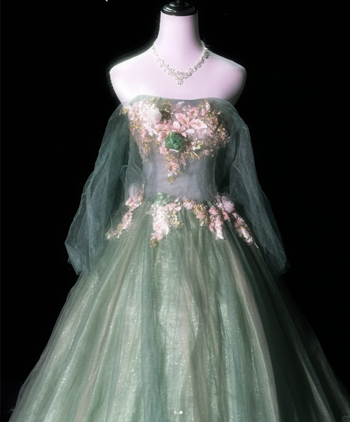 Charming Green Tulle Lace Appliques Long Prom Dress Evening Gown D935
