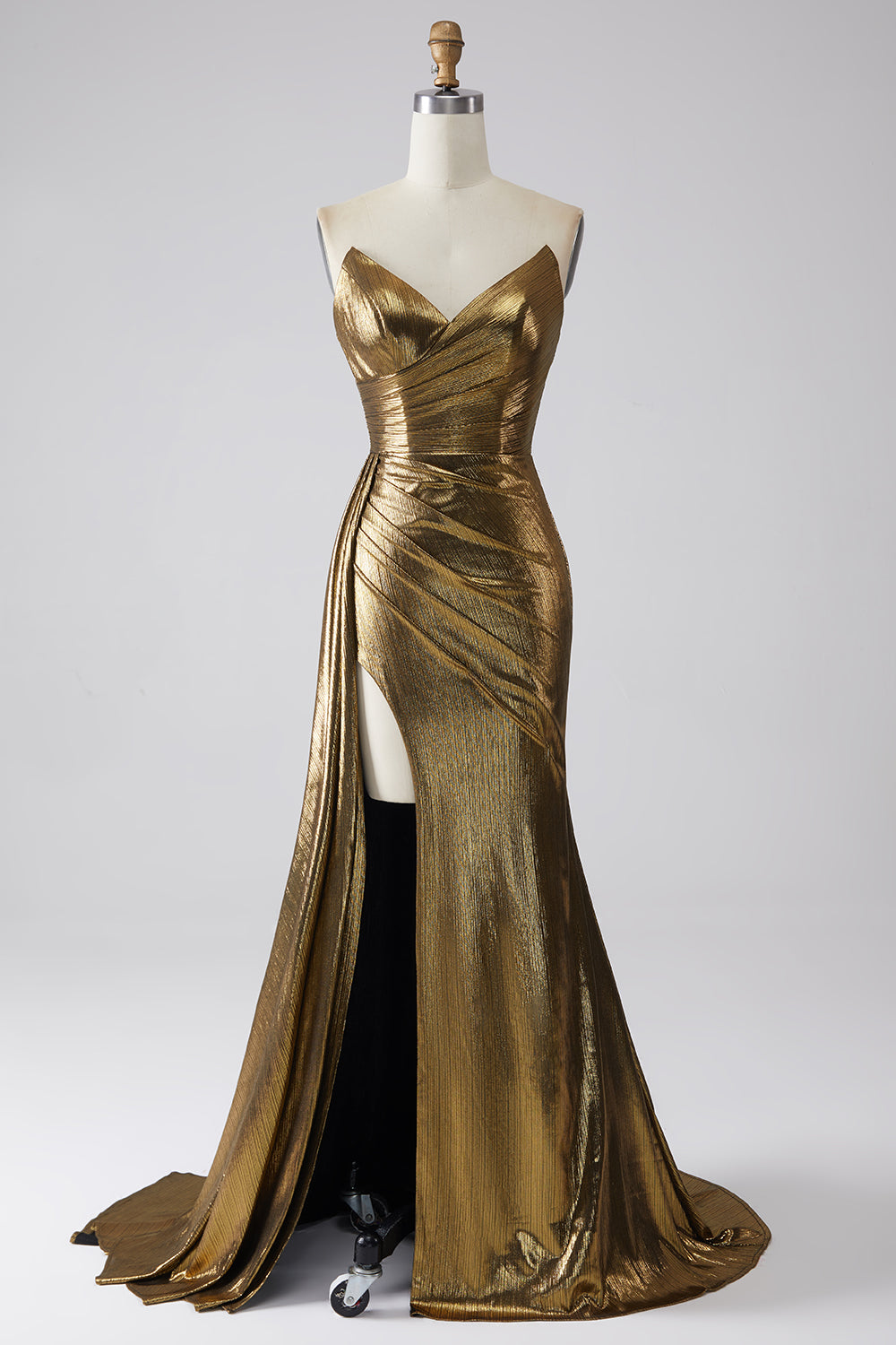 Sparkly Golden Long Prom Dress with Slit Mermaid Evening Dress with Ruffles