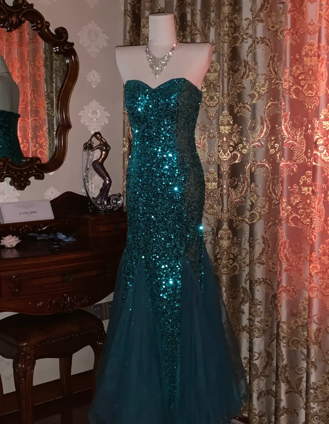 Vintage Strapless Green Tulle Sequin Mermaid Evening Dress Long Wedding Guest Dress Party Gown D1753