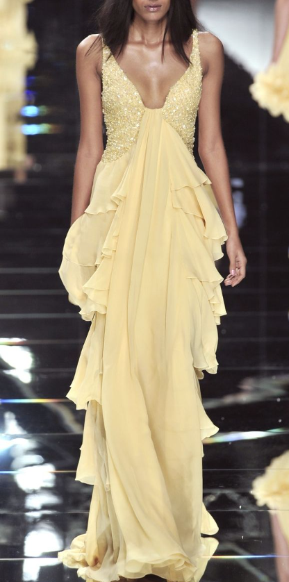 Classy Yellow V Neck Chiffon Layered Sequin Long Prom Dress Evening Gown D1215