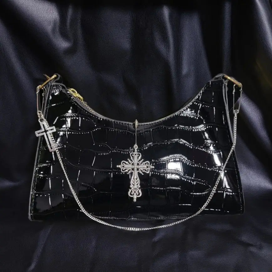 Punk Gothic Y2K High Street Cross Chains Crocodile Pattern Green Underarm Bag Black Halloween