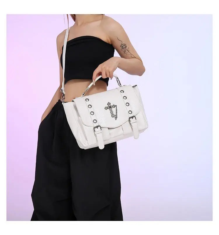 Retro Cross Black Messenger Gothic Dark Leather Casual Y2K Crossbody Shoulder Bag White Halloween