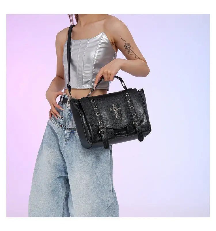 Retro Cross Black Messenger Gothic Dark Leather Casual Y2K Crossbody Shoulder Bag Halloween