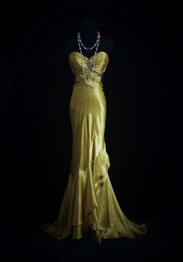 Stylish Strapless Gold Satin Pleated Beaded Mermaid Long Birthday Party Dress Evening Dress D1684