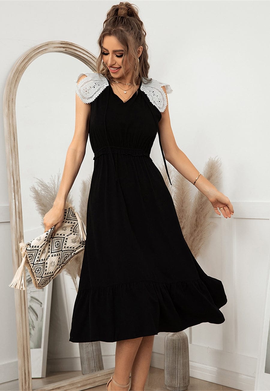 Contrast Lace Flutter-Sleeve Ruffle Hem A-Line Midi Dress 7