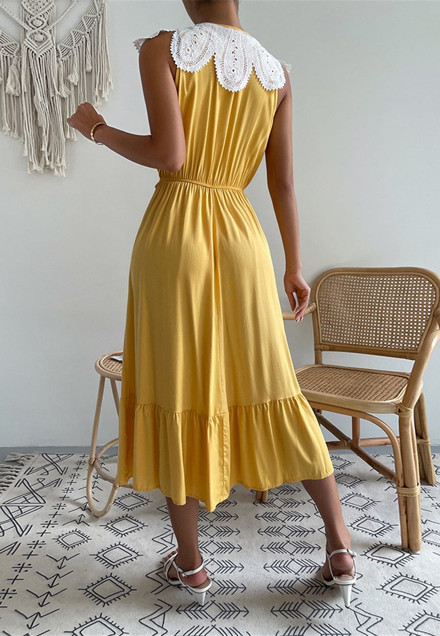 Contrast Lace Flutter-Sleeve Ruffle Hem A-Line Midi Dress 6
