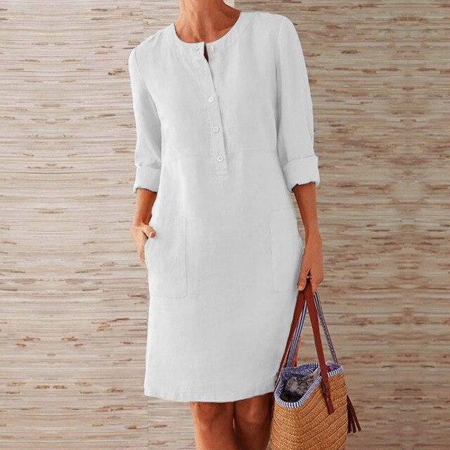 Round Neck Button Placket Patch Pocket Rolled Cuff Shift Dress - View 5