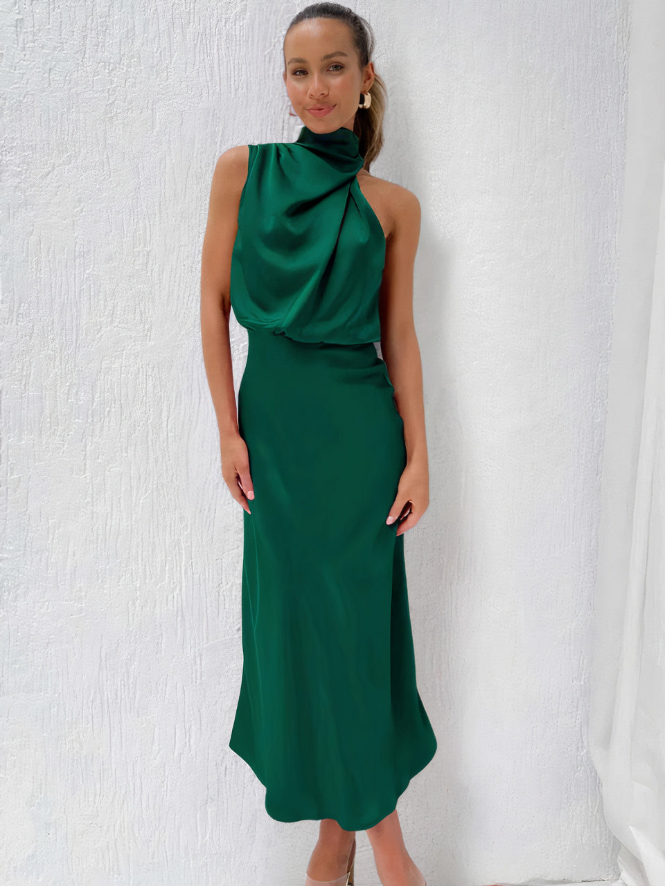 Halter Neck Draped Sleeveless Satin Midi Cocktail Dress - View 10